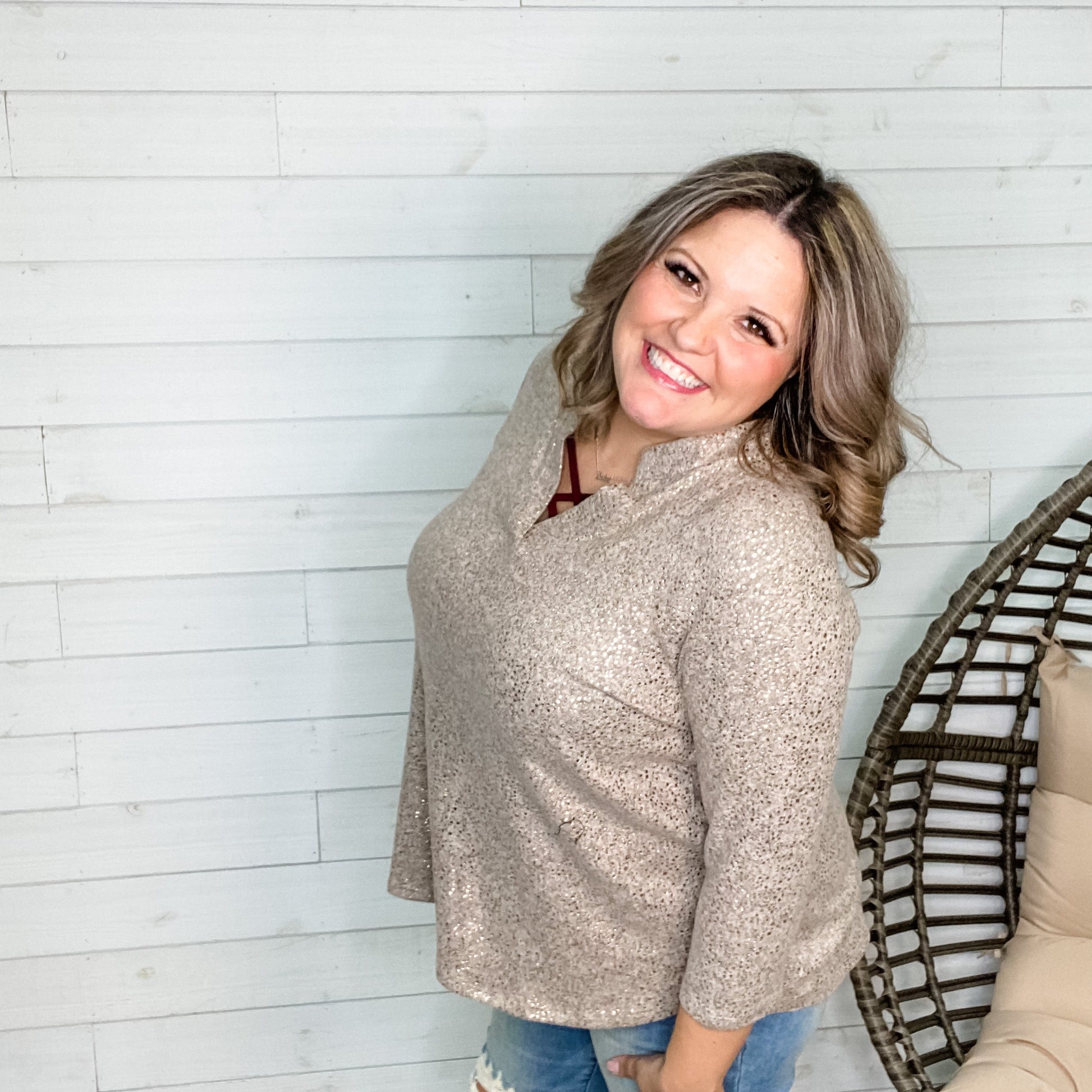 "Genesis" Lizzy 3/4 Sleeve Split Neck Foil Detail