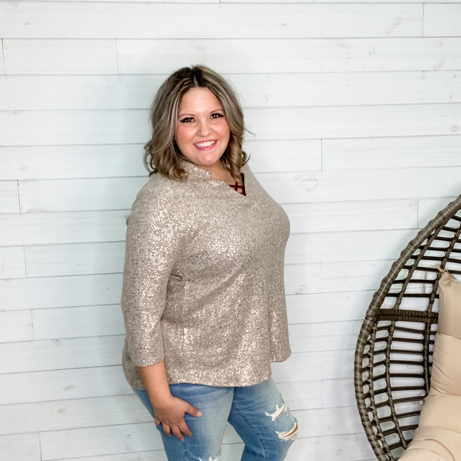 "Genesis" Lizzy 3/4 Sleeve Split Neck Foil Detail