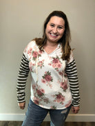 "Georgia" Floral with Stripe Sleeve Hoodie-Lola Monroe Boutique