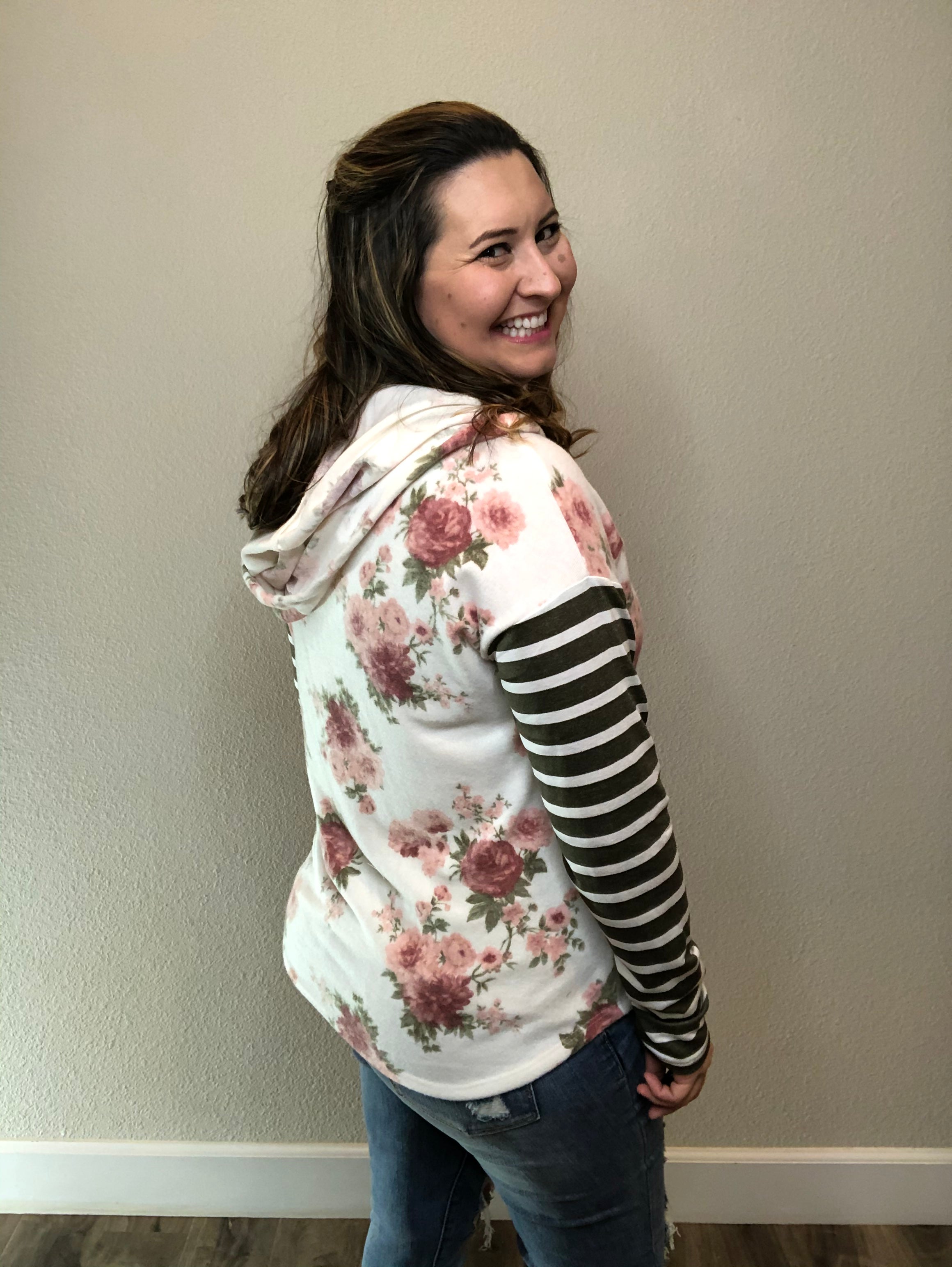 "Georgia" Floral with Stripe Sleeve Hoodie-Lola Monroe Boutique