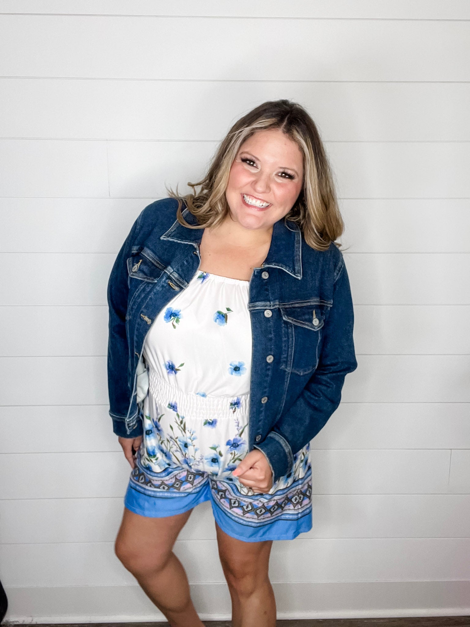 "Gideon" Ruffle Strap Romper with Pockets Cream & Blue
