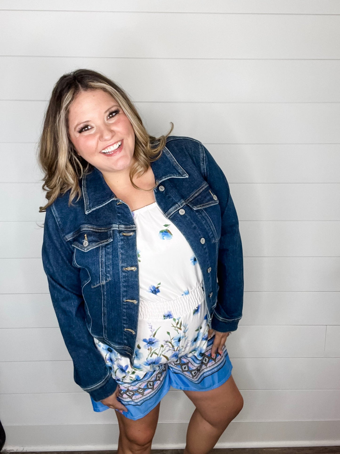 "Gideon" Ruffle Strap Romper with Pockets Cream & Blue