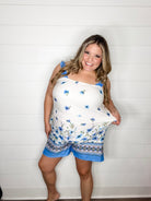 "Gideon" Ruffle Strap Romper with Pockets Cream & Blue-Lola Monroe Boutique