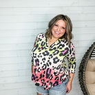 "Glammie" Animal Print 3/4 Sleeve Split Neck-Lola Monroe Boutique