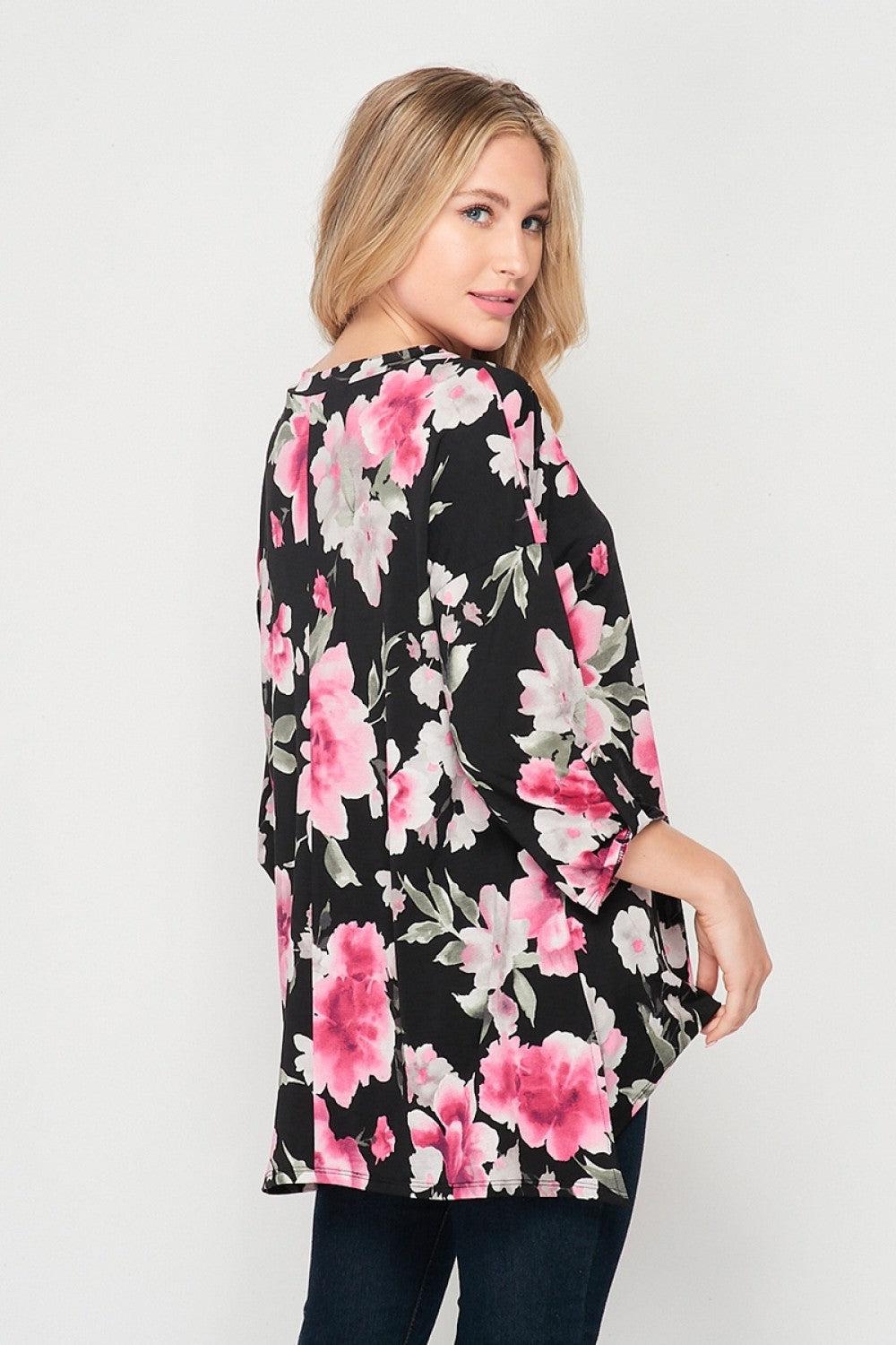 "Going with the Flow" Oversized Floral 3/4 Sleeve-Lola Monroe Boutique