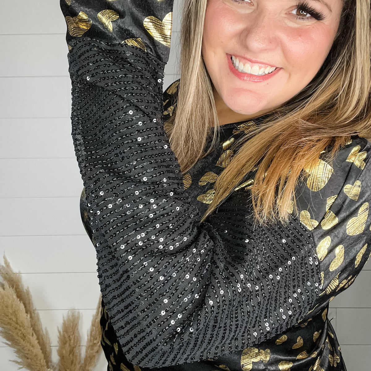 "Golden" Long Sequin Sleeved Top with Foil Hearts