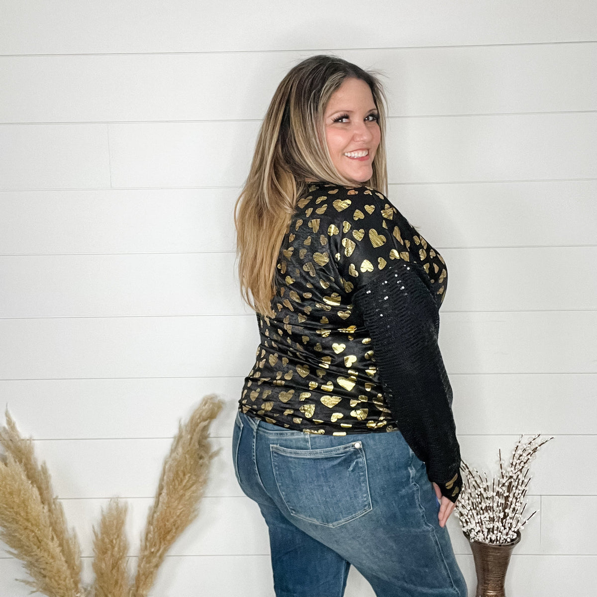 "Golden" Long Sequin Sleeved Top with Foil Hearts