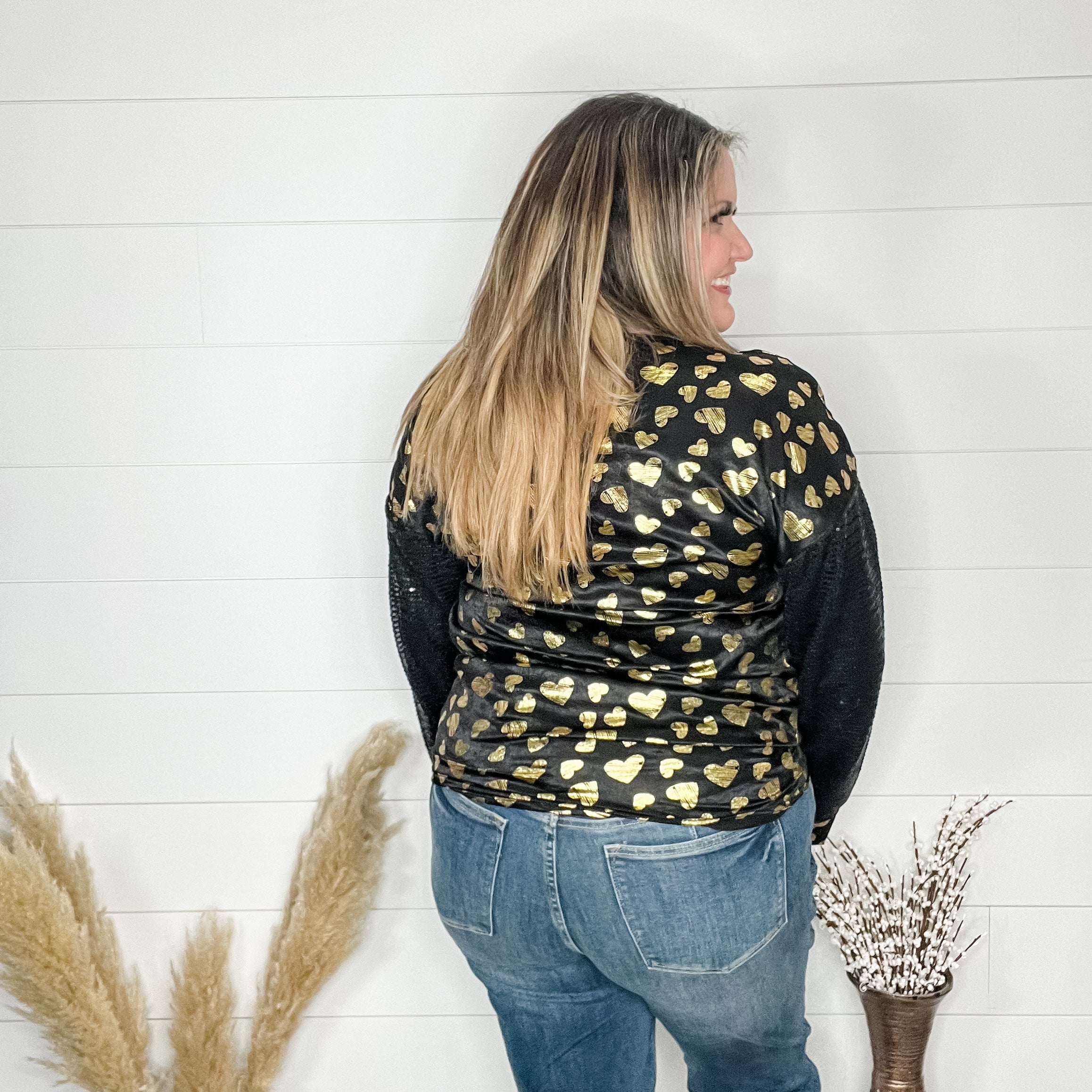 "Golden" Long Sequin Sleeved Top with Foil Hearts-Lola Monroe Boutique