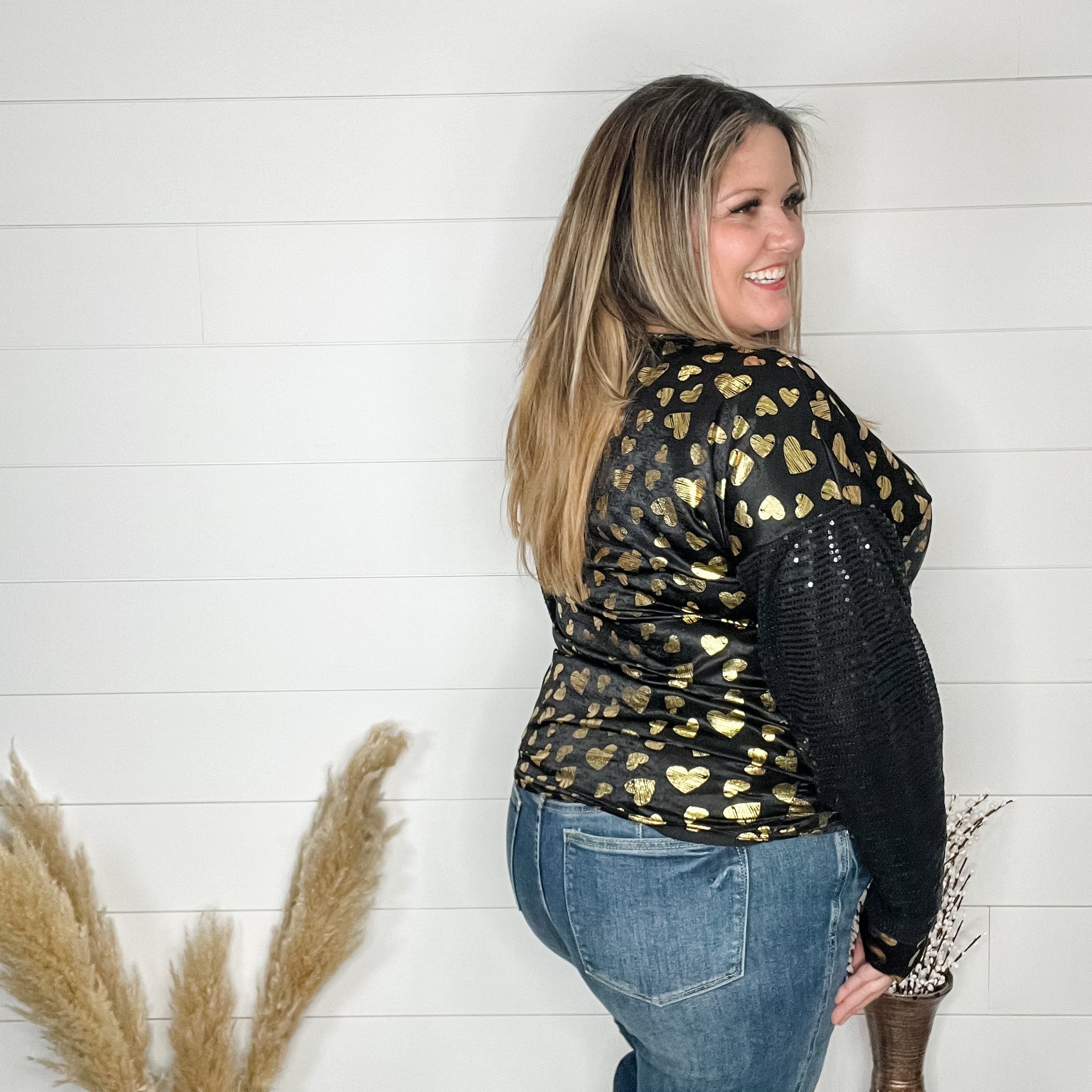 "Golden" Long Sequin Sleeved Top with Foil Hearts-Lola Monroe Boutique