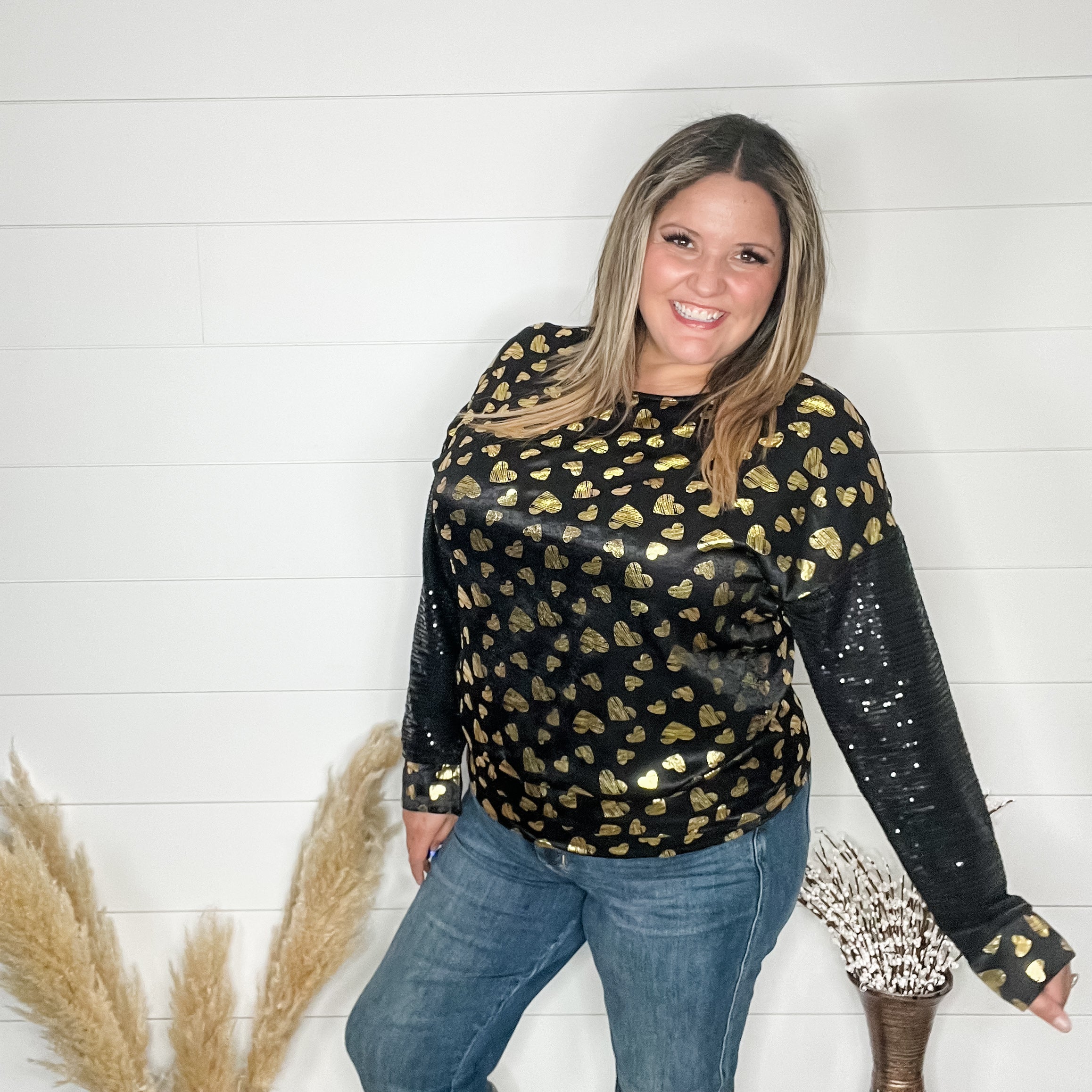 "Golden" Long Sequin Sleeved Top with Foil Hearts-Lola Monroe Boutique