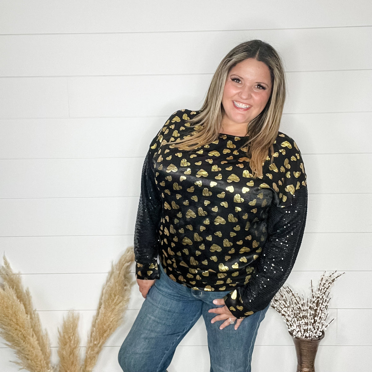 "Golden" Long Sequin Sleeved Top with Foil Hearts