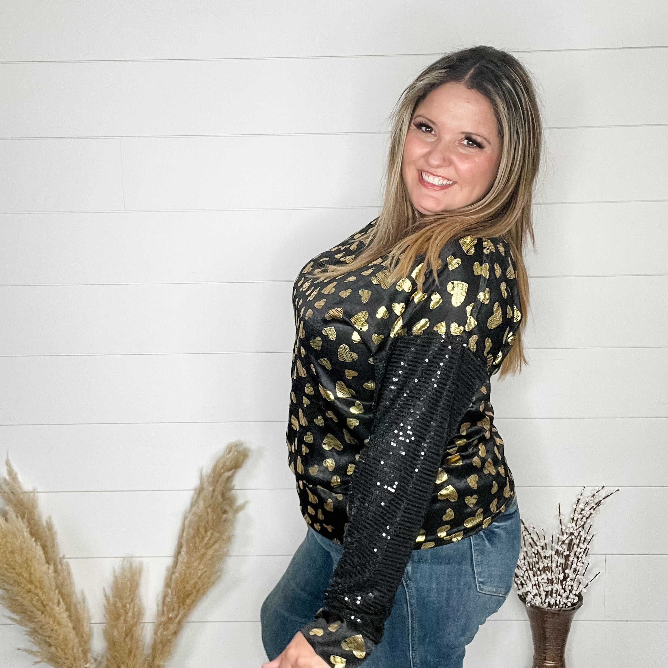 "Golden" Long Sequin Sleeved Top with Foil Hearts-Lola Monroe Boutique