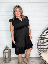 "Good To Go" Flutter Sleeve Split Neck Tiered Dress with Pockets (Black)-Lola Monroe Boutique