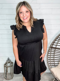 "Good To Go" Flutter Sleeve Split Neck Tiered Dress with Pockets (Black)-Lola Monroe Boutique