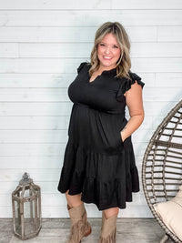 "Good To Go" Flutter Sleeve Split Neck Tiered Dress with Pockets (Black)-Lola Monroe Boutique