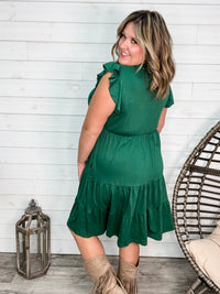 "Good To Go" Flutter Sleeve Split Neck Tiered Dress with Pockets (Green)-Lola Monroe Boutique