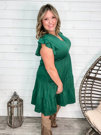 "Good To Go" Flutter Sleeve Split Neck Tiered Dress with Pockets (Green)-Lola Monroe Boutique