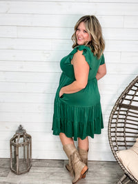 "Good To Go" Flutter Sleeve Split Neck Tiered Dress with Pockets (Green)-Lola Monroe Boutique