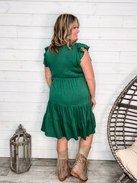 "Good To Go" Flutter Sleeve Split Neck Tiered Dress with Pockets (Green)-Lola Monroe Boutique