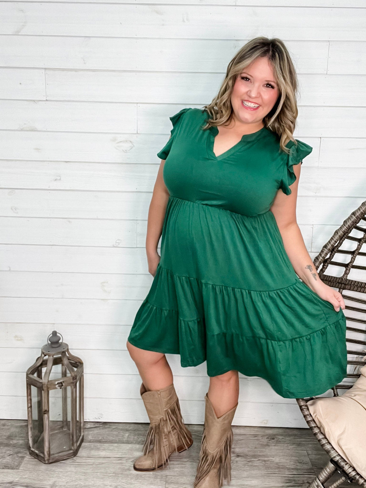 "Good To Go" Flutter Sleeve Split Neck Tiered Dress with Pockets (Green)-Lola Monroe Boutique