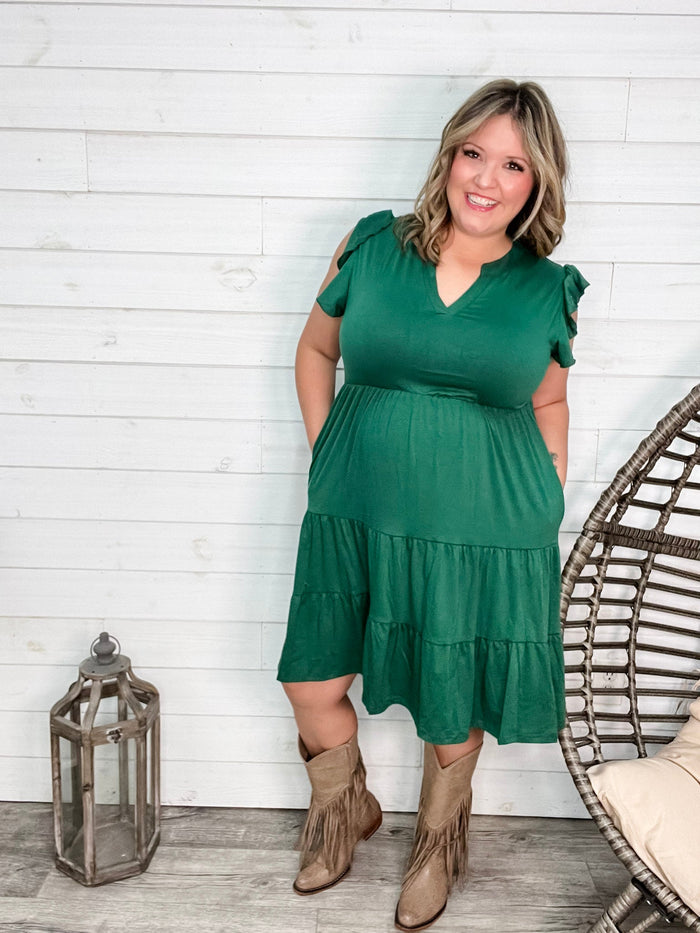 "Good To Go" Flutter Sleeve Split Neck Tiered Dress with Pockets (Green)-Lola Monroe Boutique