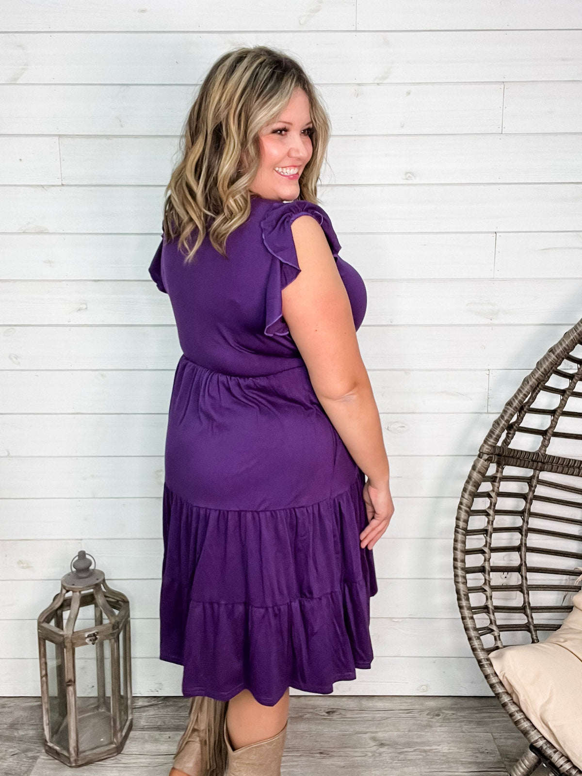 "Good To Go" Flutter Sleeve Split Neck Tiered Dress with Pockets (Purple)-Lola Monroe Boutique