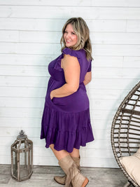 "Good To Go" Flutter Sleeve Split Neck Tiered Dress with Pockets (Purple)-Lola Monroe Boutique