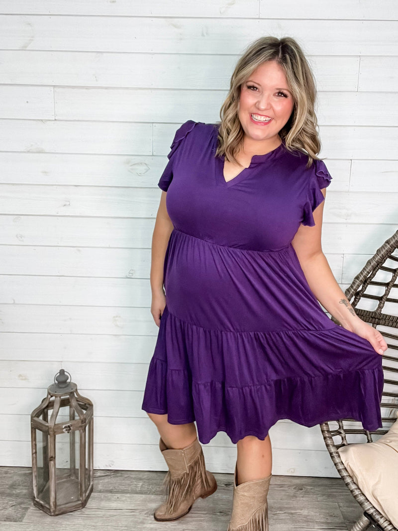 "Good To Go" Flutter Sleeve Split Neck Tiered Dress with Pockets (Purple)-Lola Monroe Boutique