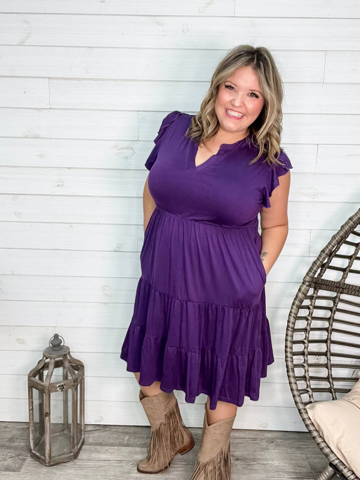 "Good To Go" Flutter Sleeve Split Neck Tiered Dress with Pockets (Purple)-Lola Monroe Boutique