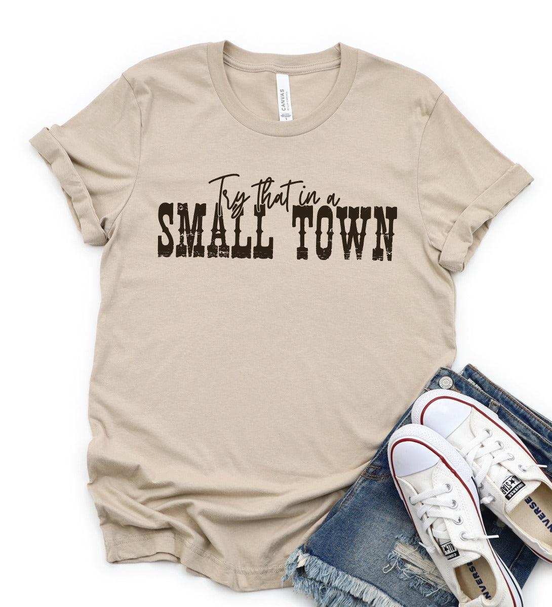 Graphic Tee "Small Town" Words Only (Tan)-Lola Monroe Boutique