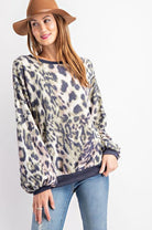 "Green Eyed Jungle Cat" Animal Print Bubble Sleeve Top-Lola Monroe Boutique