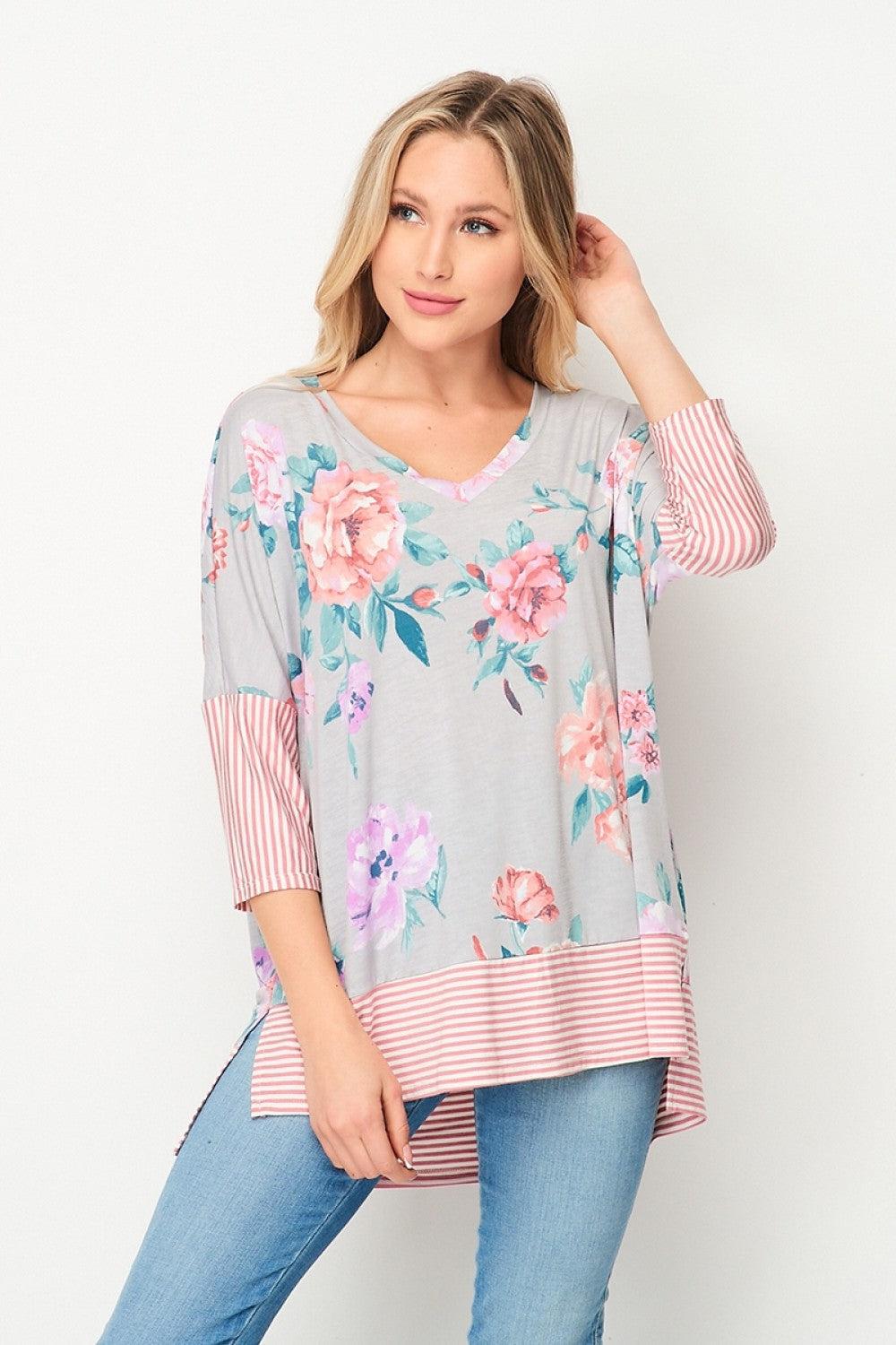 "Gypsy" Stripe & Floral 3/4 Sleeve Top-Lola Monroe Boutique