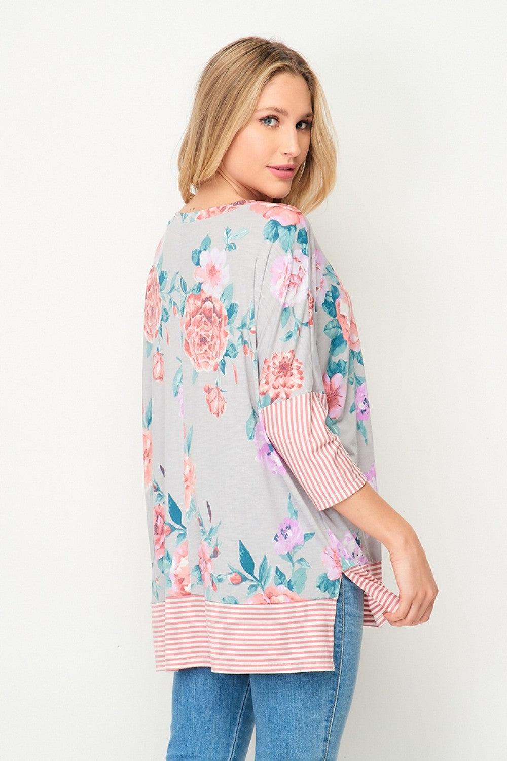 "Gypsy" Stripe & Floral 3/4 Sleeve Top-Lola Monroe Boutique