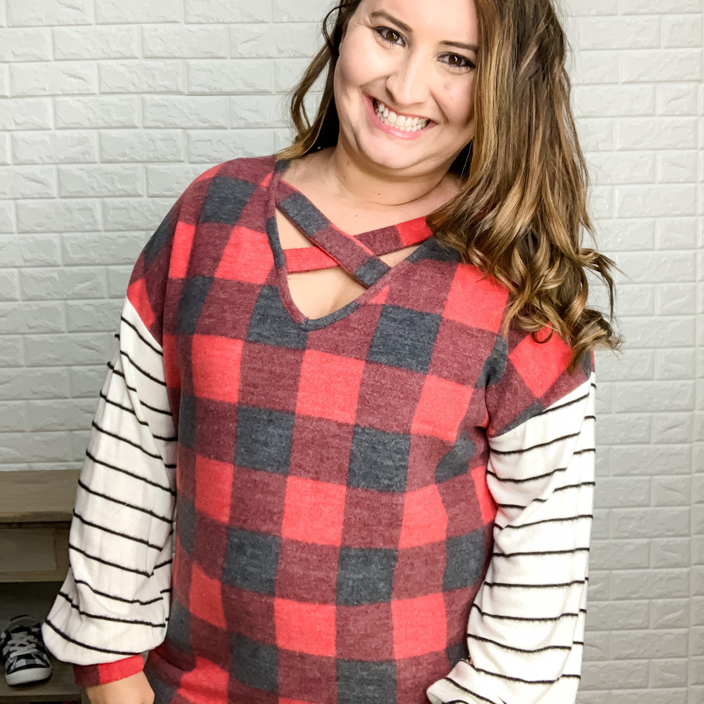 Hacci Brushed Plaid Long Sleeve-Lola Monroe Boutique