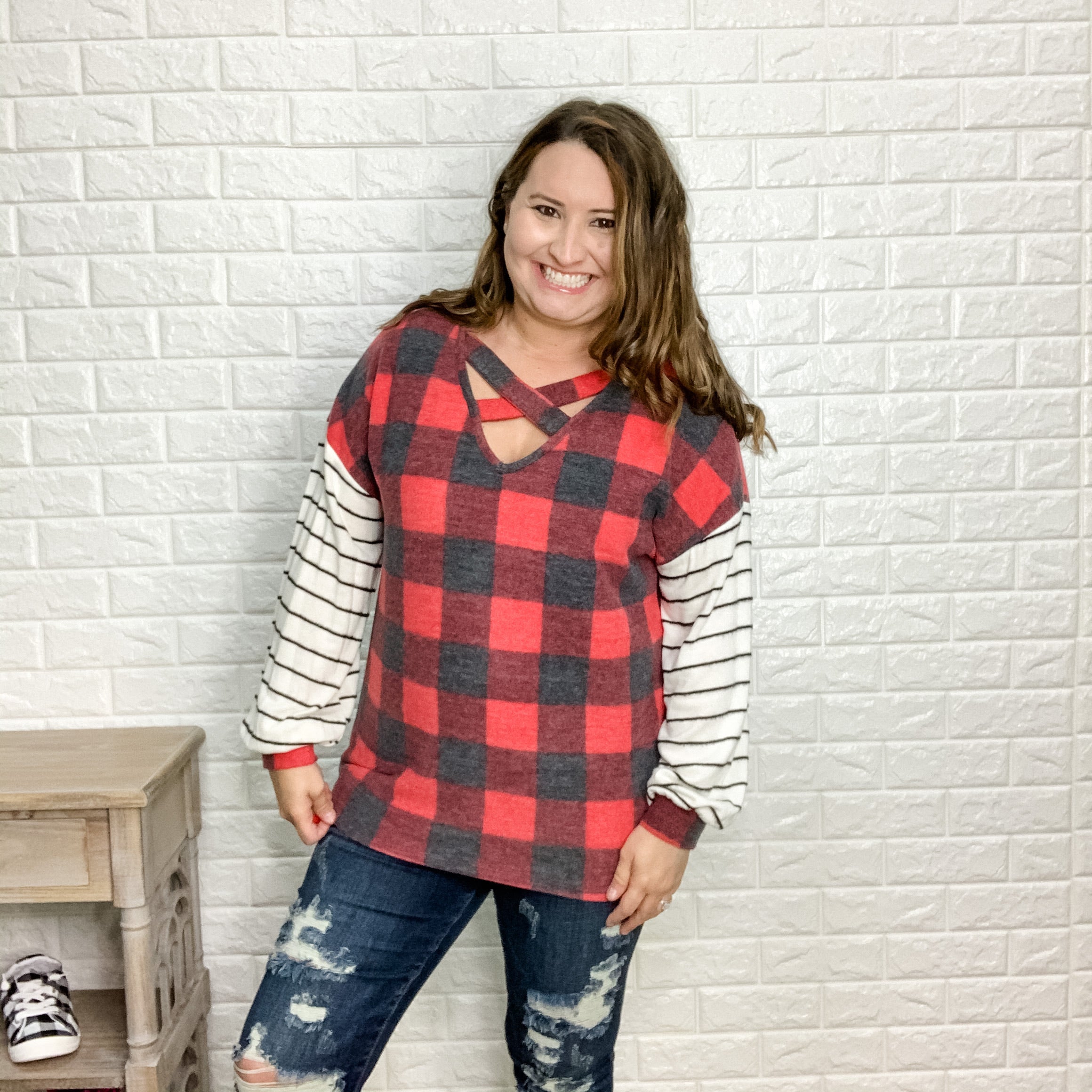 Hacci Brushed Plaid Long Sleeve-Lola Monroe Boutique