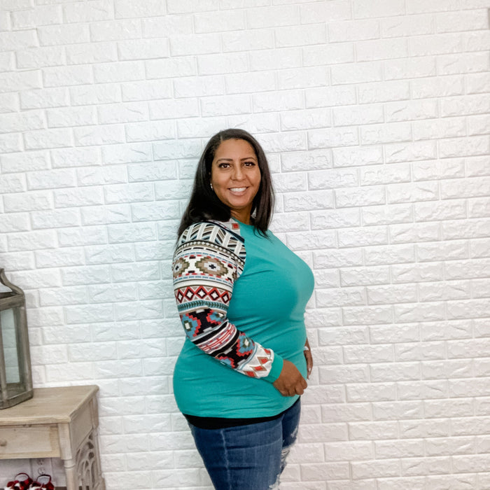 "Helen" Solid Body with Aztec Accent Long Sleeve-Lola Monroe Boutique