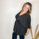 "Here We Go Again" V Neck 3/4 Bell Sleeve (Black)-Lola Monroe Boutique