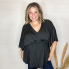 "Here We Go Again" V Neck 3/4 Bell Sleeve (Black)-Lola Monroe Boutique