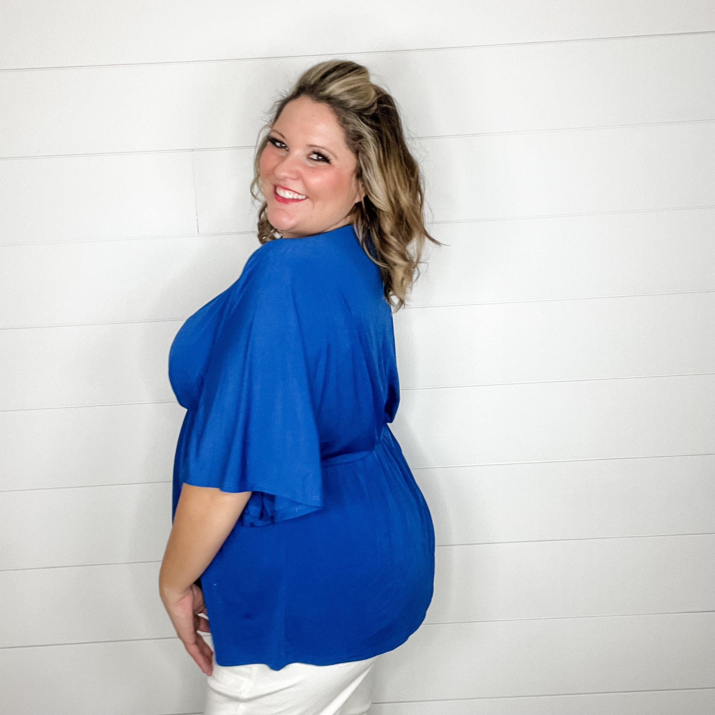 "Here We Go Again" V Neck 3/4 Bell Sleeve (Royal Blue)-Lola Monroe Boutique