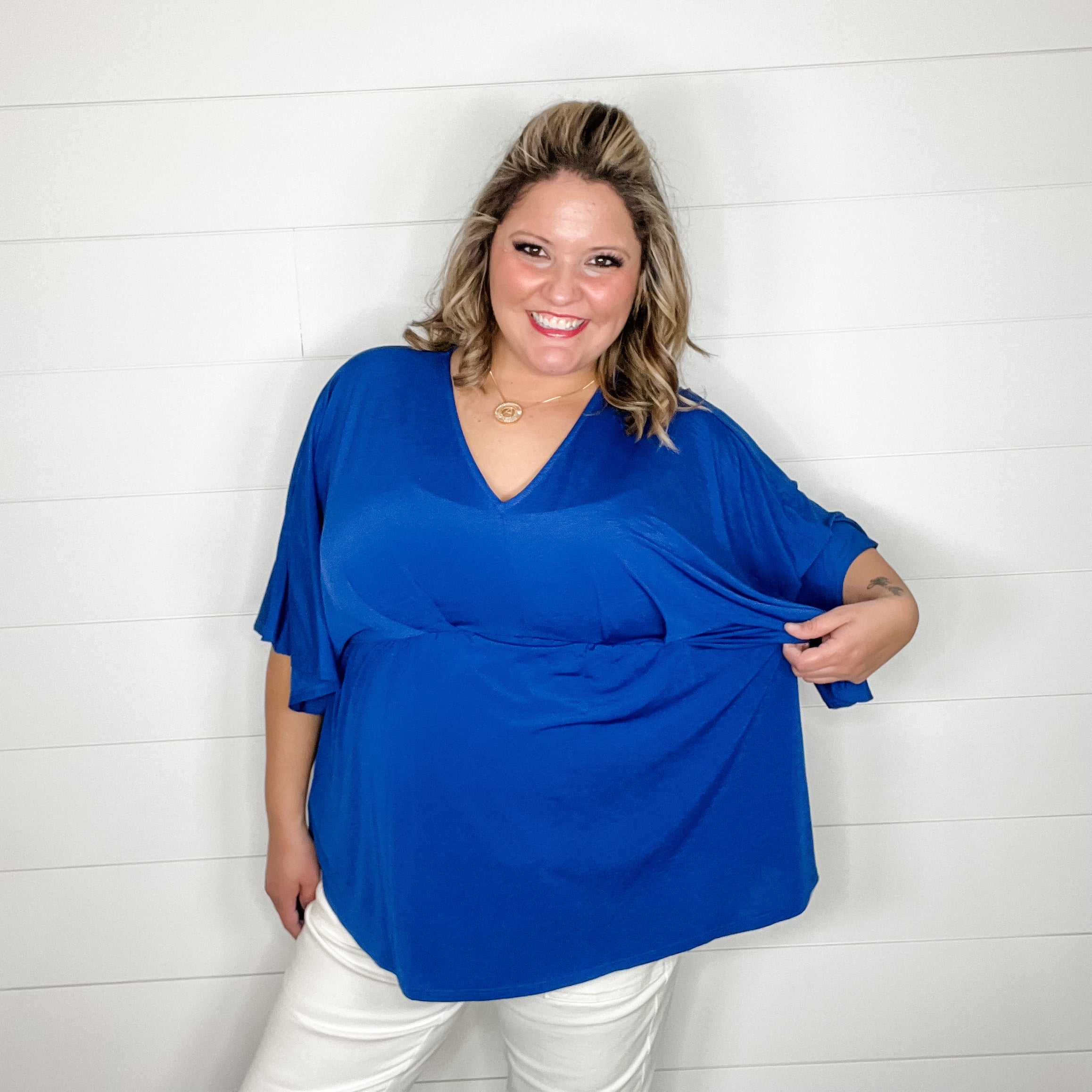 "Here We Go Again" V Neck 3/4 Bell Sleeve (Royal Blue)-Lola Monroe Boutique