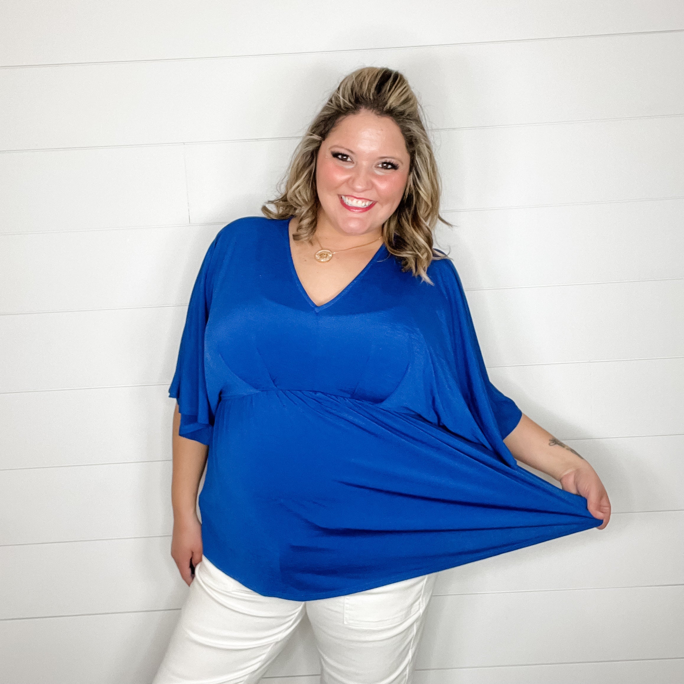 "Here We Go Again" V Neck 3/4 Bell Sleeve (Royal Blue)-Lola Monroe Boutique