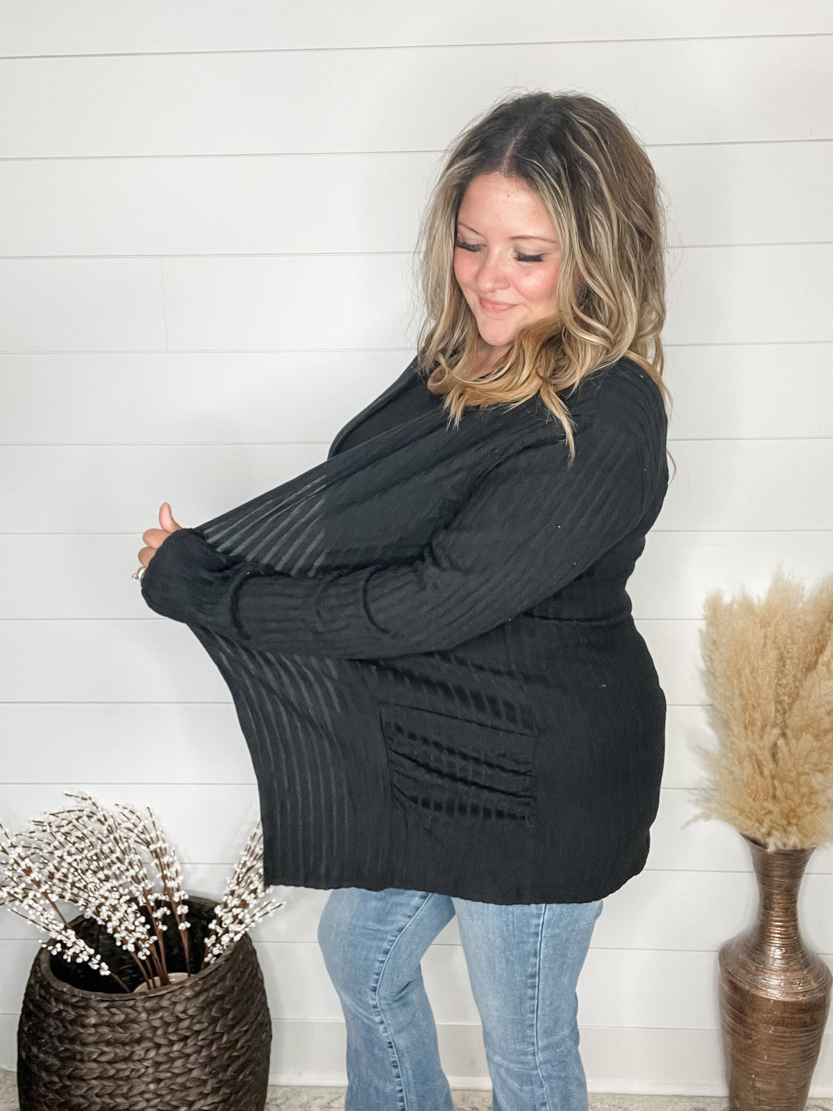 "Here We Go" Ribbed Cardigan with Pockets (Black)