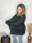 "Here We Go" Ribbed Cardigan with Pockets (Black)-Lola Monroe Boutique