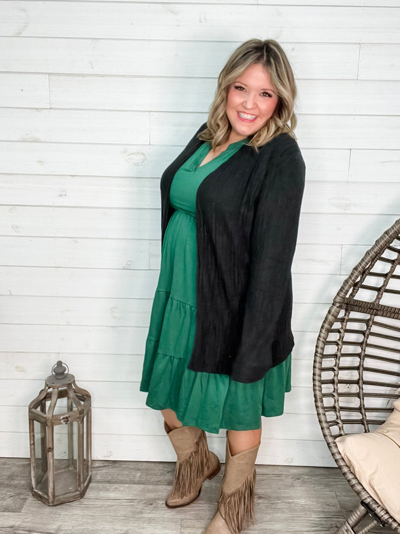 "Here We Go" Ribbed Cardigan with Pockets (Black)-Lola Monroe Boutique