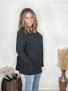 "Here We Go" Ribbed Cardigan with Pockets (Black)-Lola Monroe Boutique