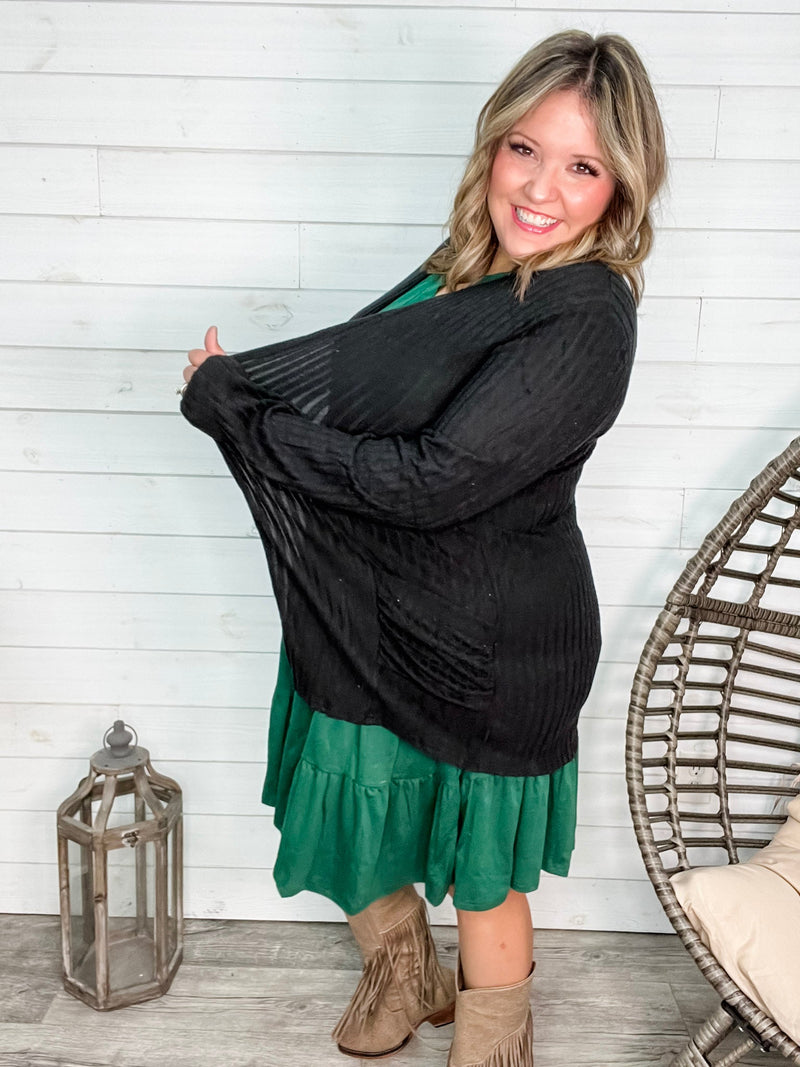 "Here We Go" Ribbed Cardigan with Pockets (Black)-Lola Monroe Boutique