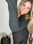 "Here We Go" Ribbed Cardigan with Pockets (Black)-Lola Monroe Boutique