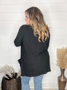 "Here We Go" Ribbed Cardigan with Pockets (Black)-Lola Monroe Boutique