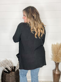 "Here We Go" Ribbed Cardigan with Pockets (Black)