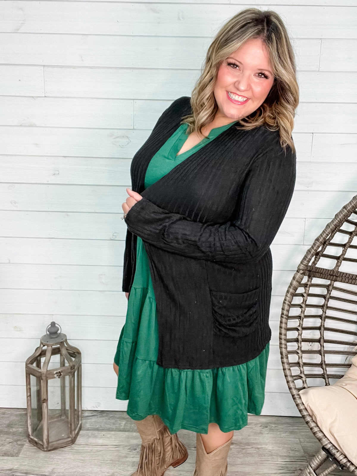 "Here We Go" Ribbed Cardigan with Pockets (Black)-Lola Monroe Boutique